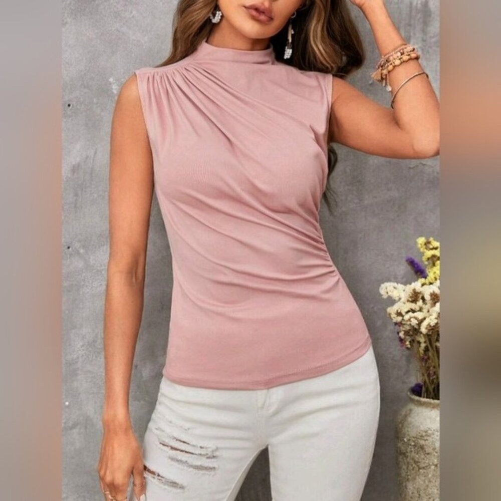 Women Fitted Sleeveless Ruched Tank Top Shirt Mock Turtleneck Blouses